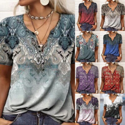 Variety of bohemian paisley print tops for women.