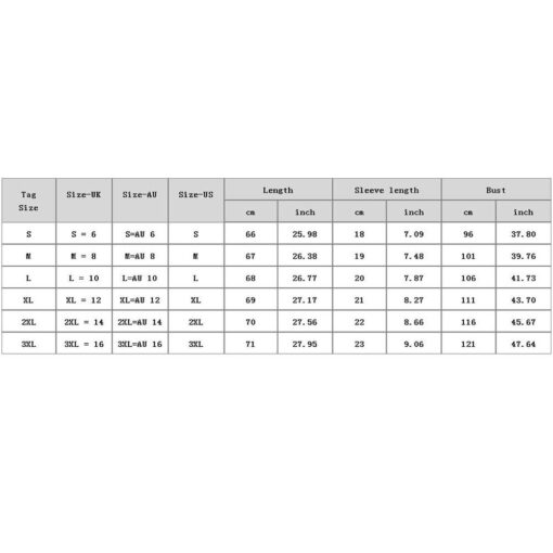 Clothing size chart with measurements in cm and inches.