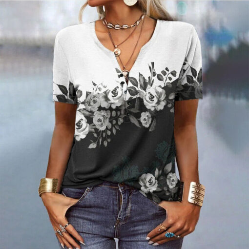 Woman wearing floral V-neck casual T-shirt.