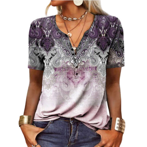 Woman wearing bohemian style paisley t-shirt.