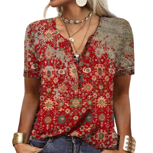 Woman wearing bohemian patterned blouse with jewelry.