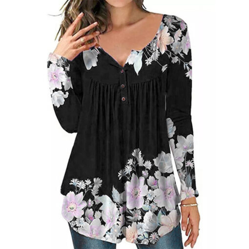 Woman in black floral blouse, fashion clothing.