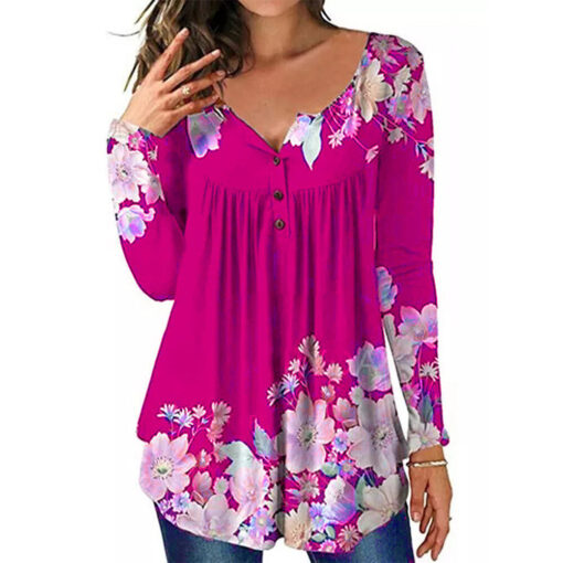 Floral print women's long-sleeve blouse in pink.