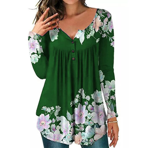 Woman in green floral blouse.