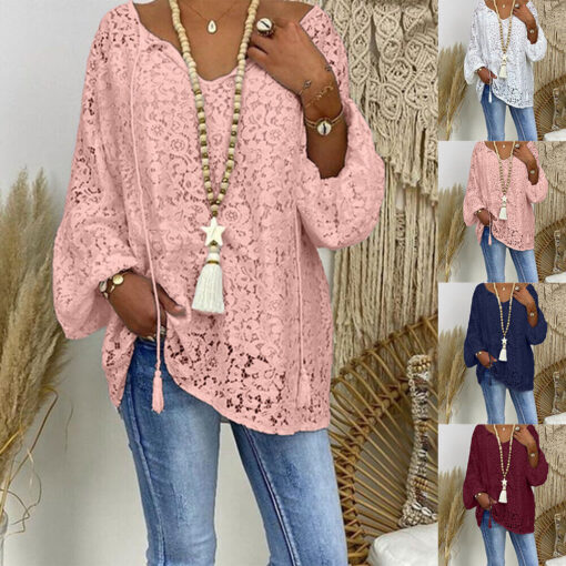 Women's lace blouse in various colors with accessories.