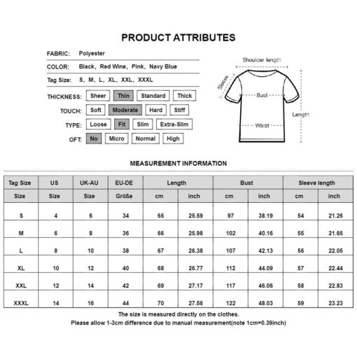 Size chart and attributes of clothing garment.