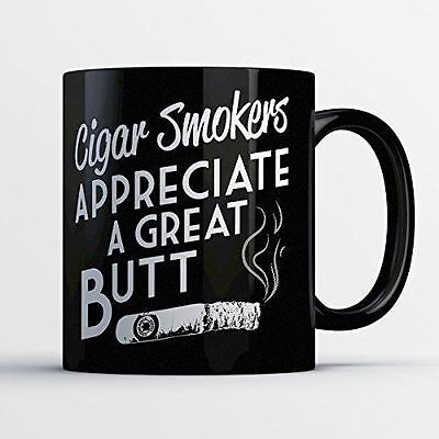 Black coffee mug with cigar smokers' humorous quote.