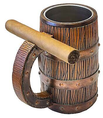 Wooden barrel-shaped mug with cigar handle.