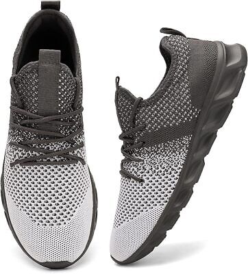 Gray breathable running shoes with laces.