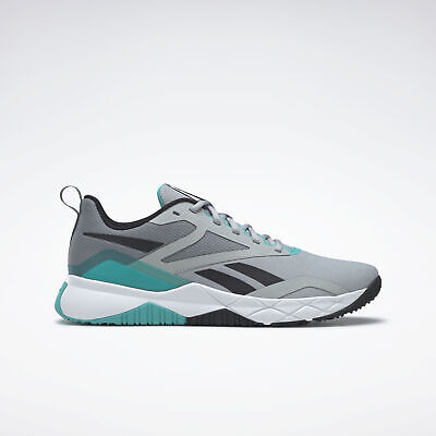 Gray and teal athletic running shoe.