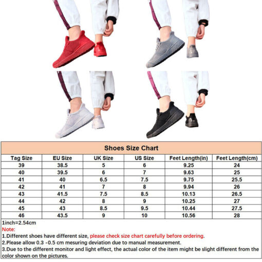 Variety of sneakers and shoe size chart.