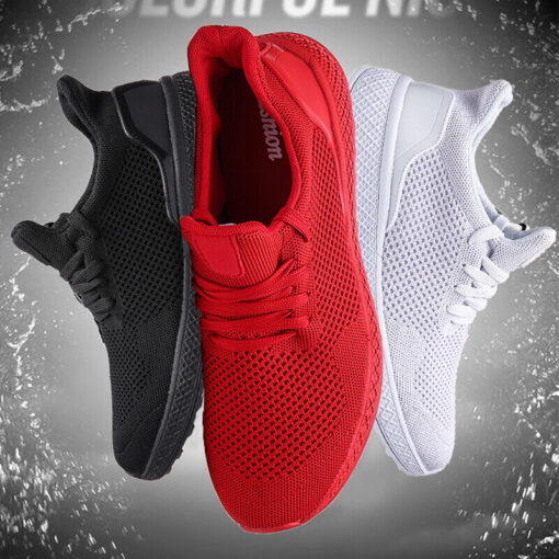 Three sports sneakers, black, red, white, floating dynamic display.