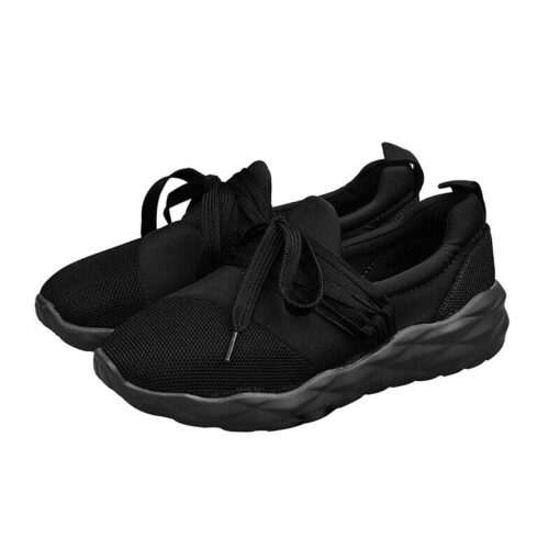 Black sports sneakers with laces on white background