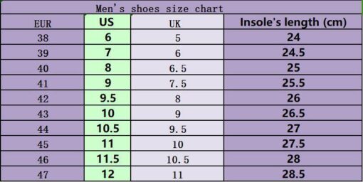 Men's shoe size conversion chart with insole lengths.