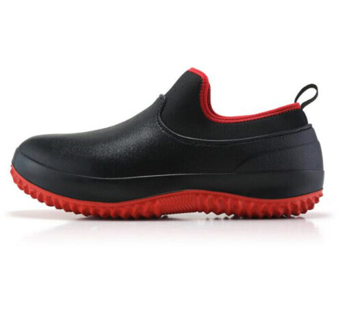 Black and red slip-on waterproof shoe.