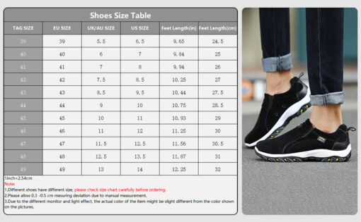 International shoe size conversion chart with sneaker photo.