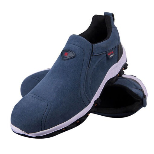 Blue slip-on athletic shoes with white soles.