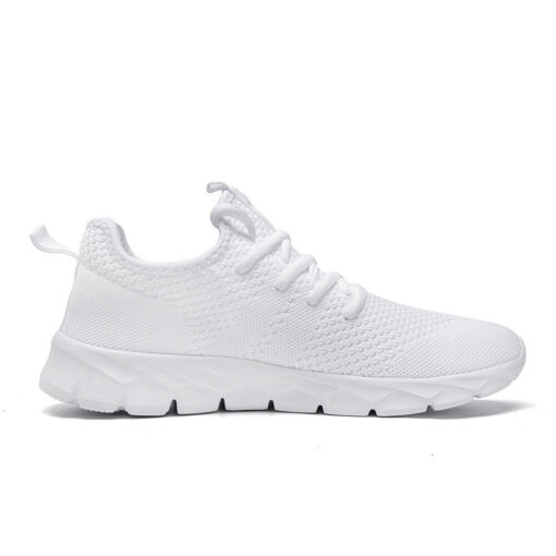 White athletic running shoe on white background.