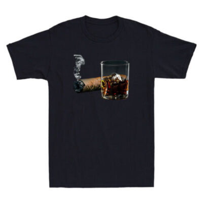 Black t-shirt with whiskey and cigar print.