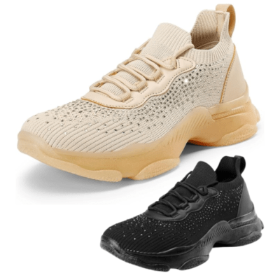 Two athletic sneakers, one beige, one black, isolated background.