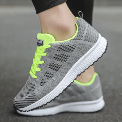 Gray and neon green running shoe close-up