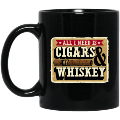 Black mug with cigars and whiskey slogan.