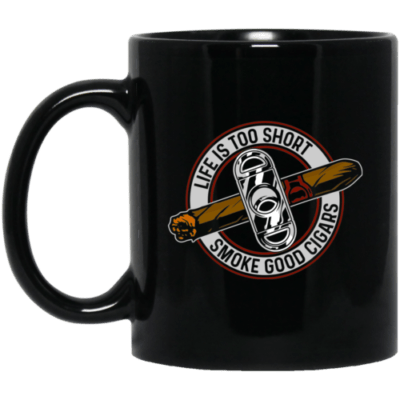 Black mug with cigar-themed slogan.