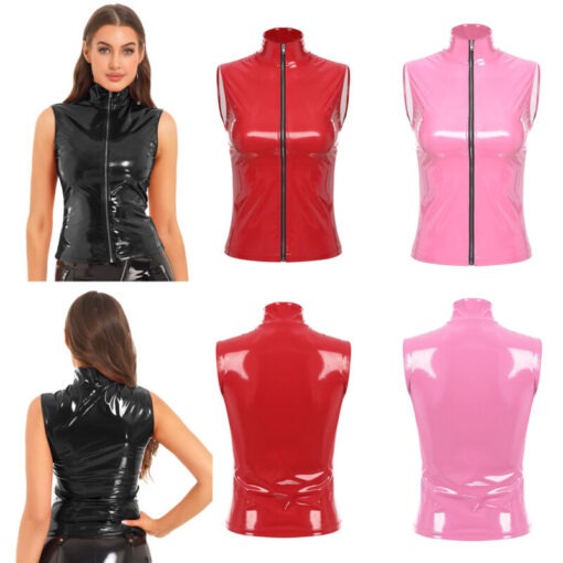 Women's glossy sleeveless tops in black, red, pink variants.