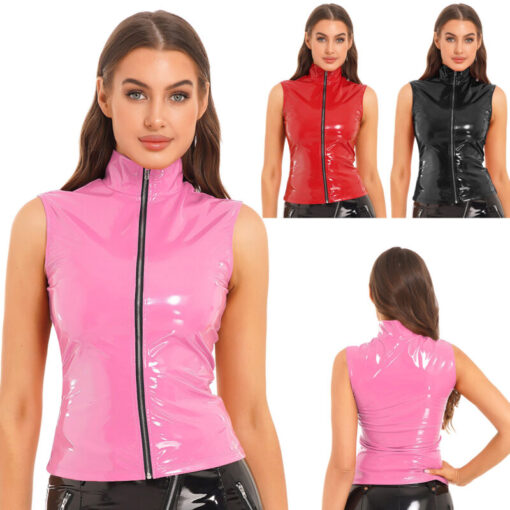 Woman modeling shiny sleeveless tops in pink, red, black.