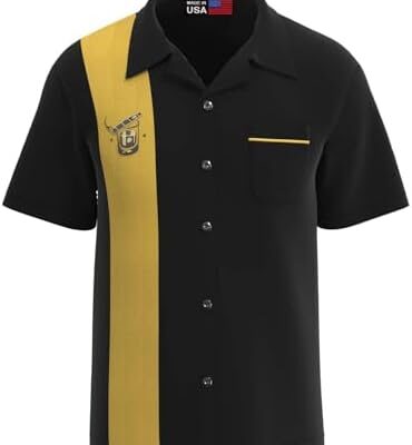 Black and yellow bowling shirt with logo.