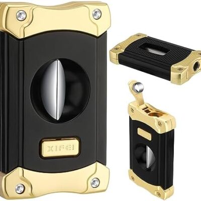 Black and gold cigar cutter, three views.