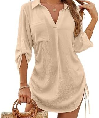 Woman in beige summer dress holding a straw bag