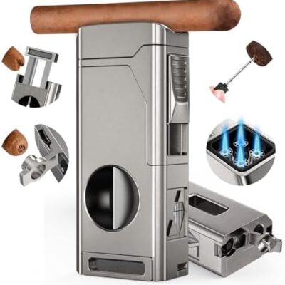 Multifunctional cigar lighter and cutter set.