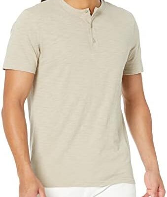 Man wearing beige short-sleeve Henley shirt.