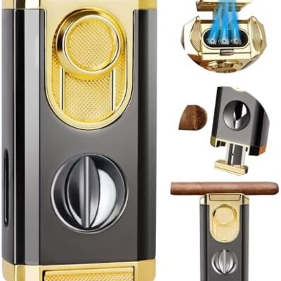 Luxury gold and black torch lighter with flame.