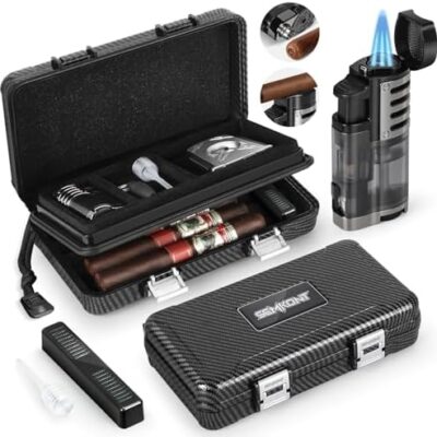 Portable cigar humidor case with accessories and lighter.