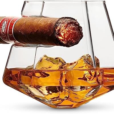 Whiskey glass with ice and cigar on top.