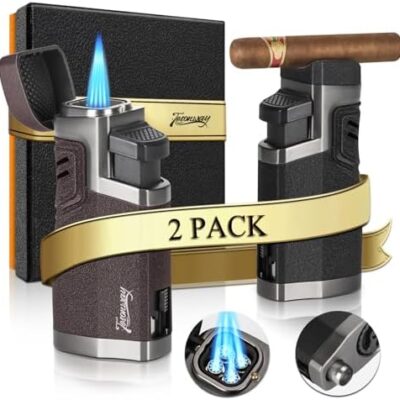 Two torch lighters with blue flames and gift box.