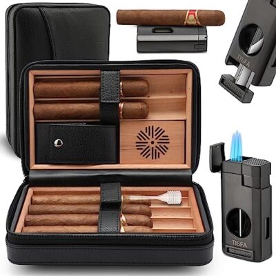 Leather cigar case with accessories and lighter.