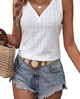 Woman in white sleeveless top and denim shorts.