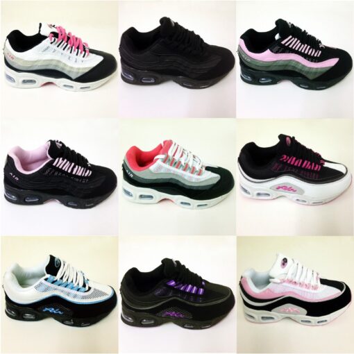 Variety of colorful athletic sneakers on white background.