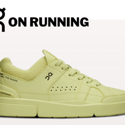 Lime green ON Running sneaker side view.