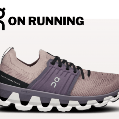 On Running shoes, Swiss engineering, pink and purple sneakers.