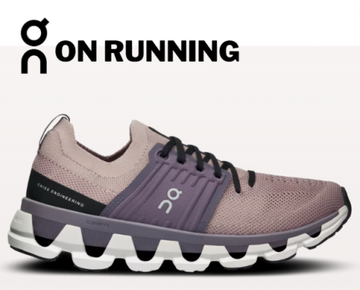 On Running shoes, Swiss engineering, pink and purple sneakers.