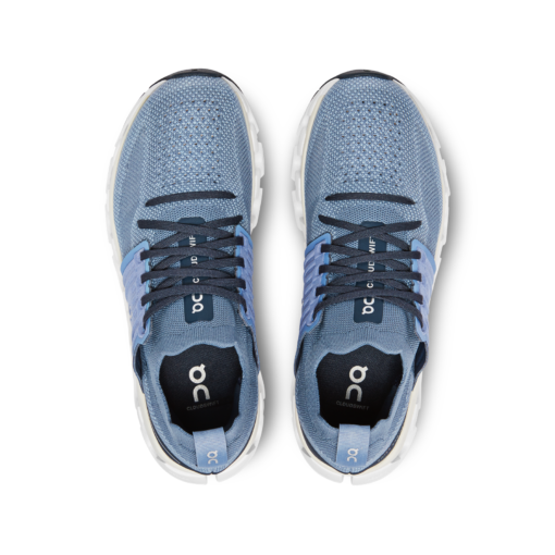 Pair of blue running sneakers top view.