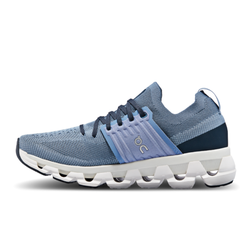 Blue athletic running shoe on white background.