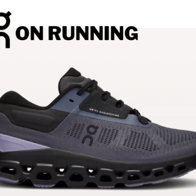 On Running branded black running shoe with unique sole design.