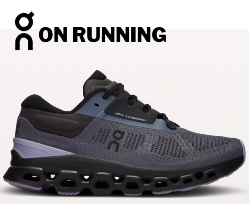 On Running branded black running shoe with unique sole design.