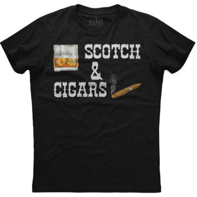 Black t-shirt with "Scotch & Cigars" graphic print.