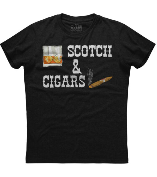 Black t-shirt with "Scotch & Cigars" graphic print.